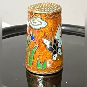Vintage Cloisonne Collectible Enamel Metal Sewing Thimble Butterfly Flowers 1.1"